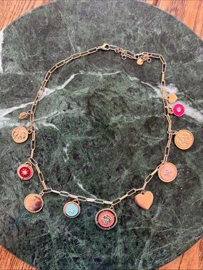 Gold Charm Disc Necklace with Pink, Coral and Turquoise Accents